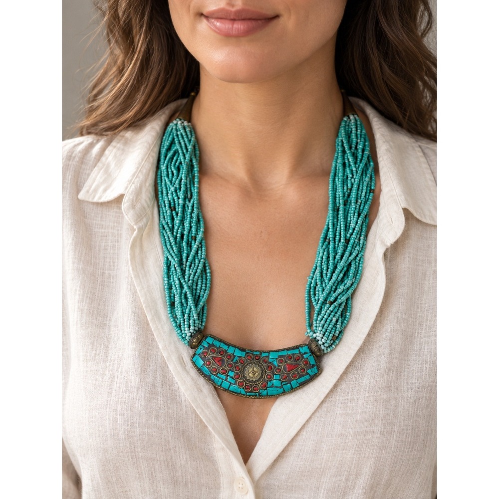 Handmade India Turquoise Coral Mosaic Multistrand Statement Bib Necklace Artisan